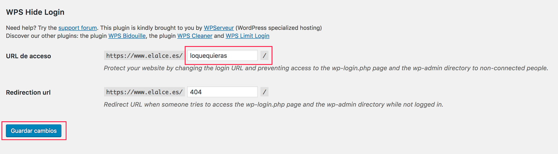 WPS hide login para cambiar acceso worpdress