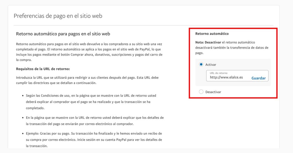 Activar el retorno automático en Paypal para que vuelva a tu web