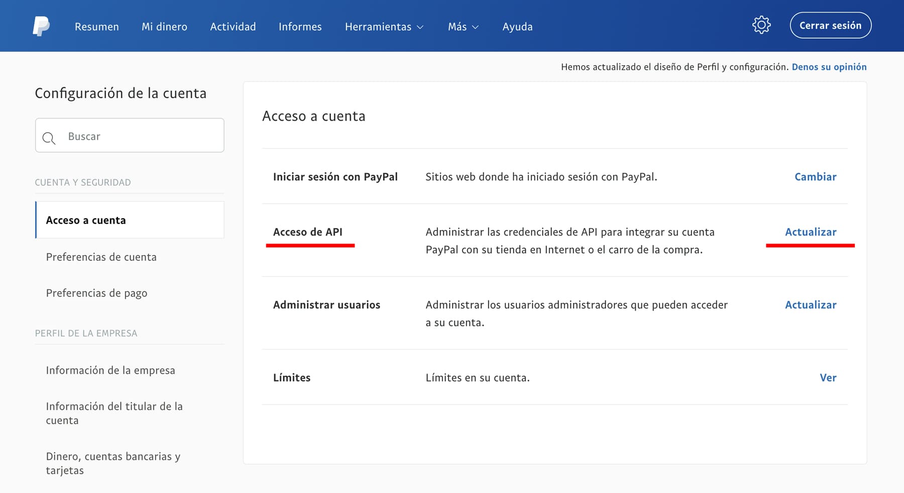 Panel Paypal para acceder a los credenciales API