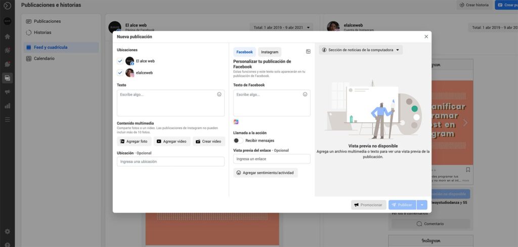Pantalla cuando inicias crear publicación en Facebook business Suite