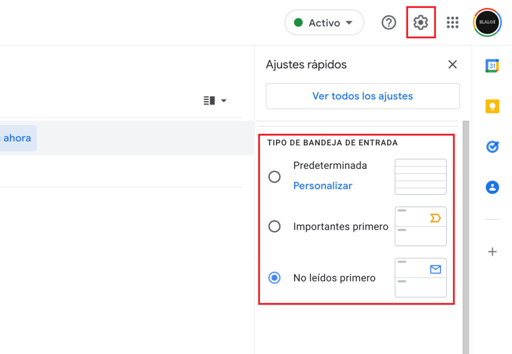 cambiar modo ver gmail bandeja entrada correos