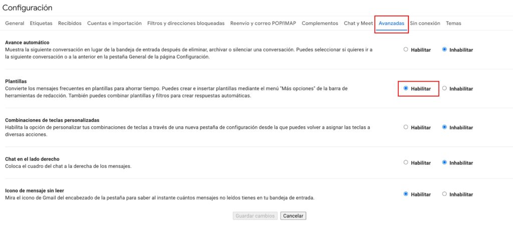 activar plantillas gmail