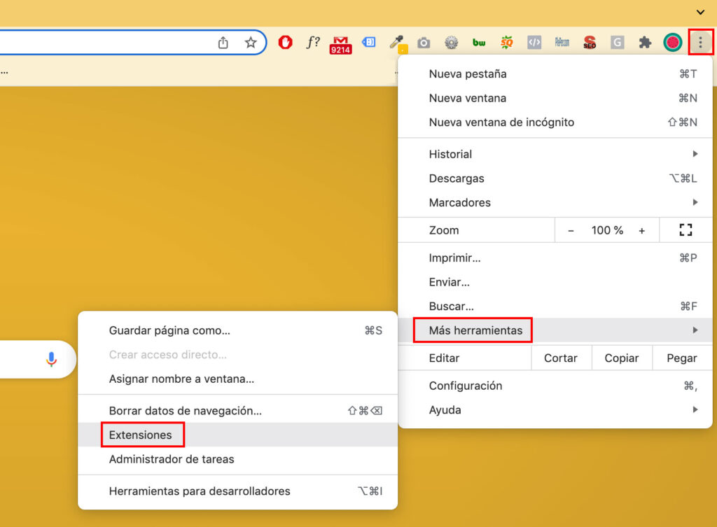 Pantallazo para acceder a las extensiones de Google Chrome